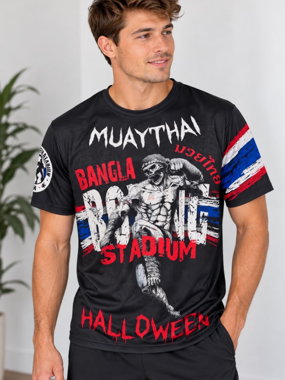 Mens' Authentic Muay Thai Halloween Bangla Boxing Stadium Graphic Shirt, size XL